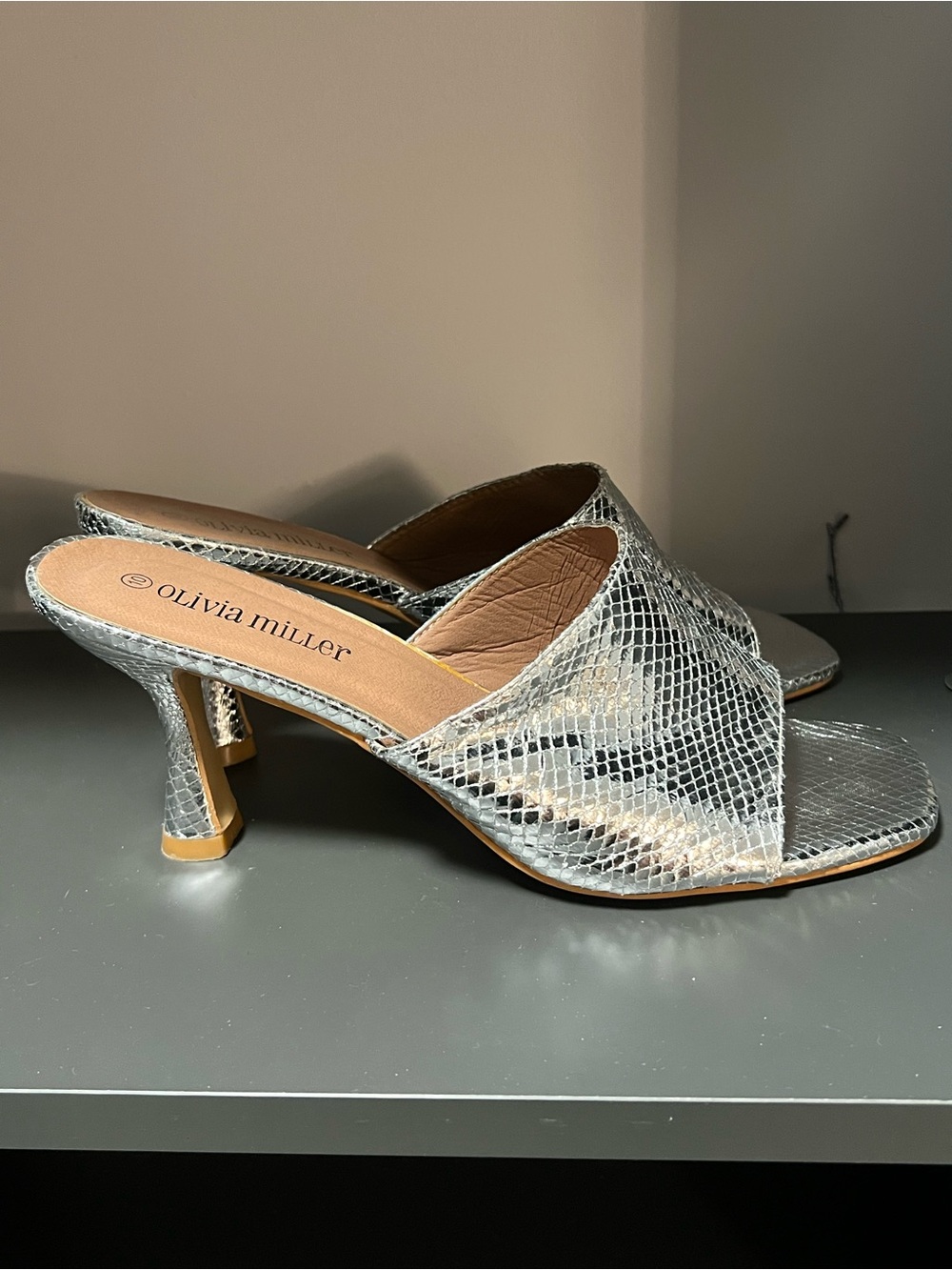 Olivia Miller Silver Snakeskin Mule Heels